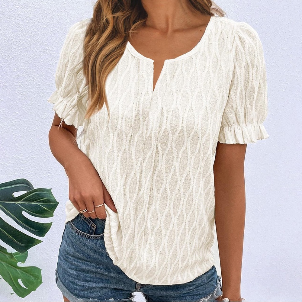 Cream Textured Short Sleeve Top with Ruffle Sleeves